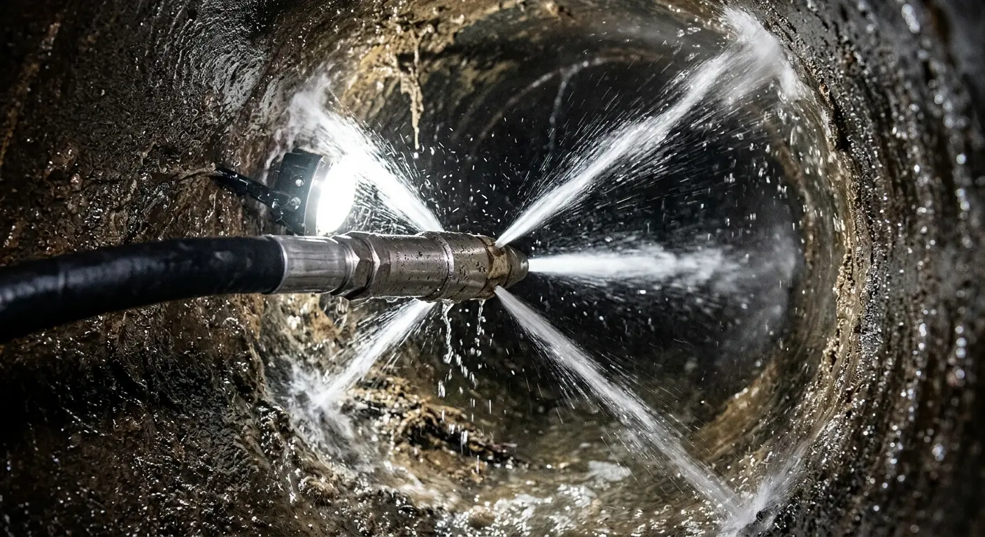 High-pressure hydro jetting nozzle cleaning sewer pipe for Trenchless Sewer Repair in Solon