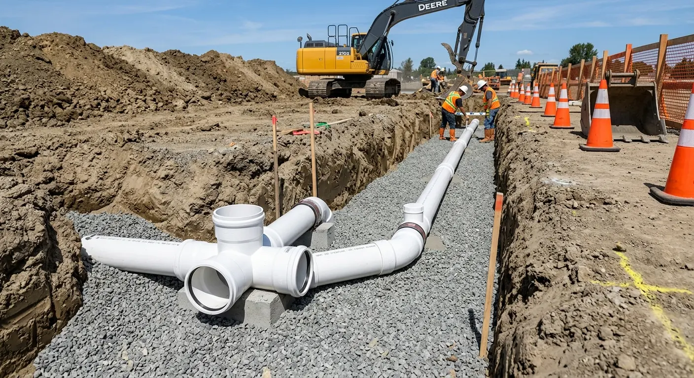 New PVC sewer pipe installation in open trench for Commercial Drain Cleaning in Solon